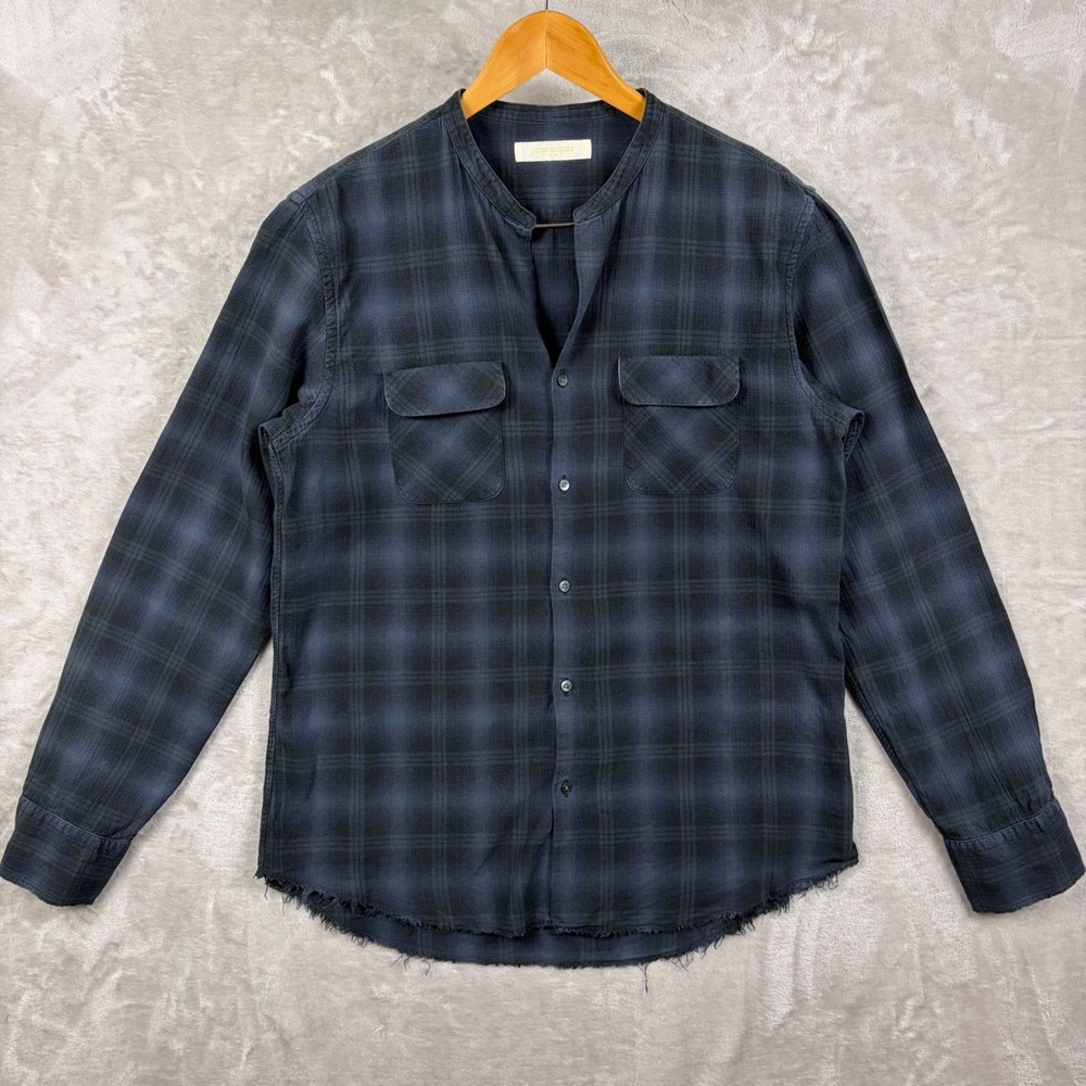 Ones Stroke Tokyo Mens Navy Shadow Plaid Band Collar Raw Hem Shirt Size 6 Japan
